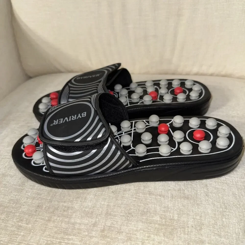 BYRIVER Black Acupressure Foot Massage Slippers Shoes Sandals, Size Medium